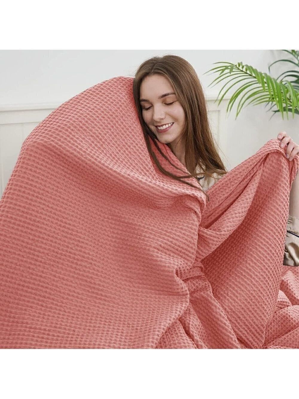 COTTON Waffle Weave Blanket King Size Pink Soft Lightweight Bed Blanket NWT - Picture 4 of 8